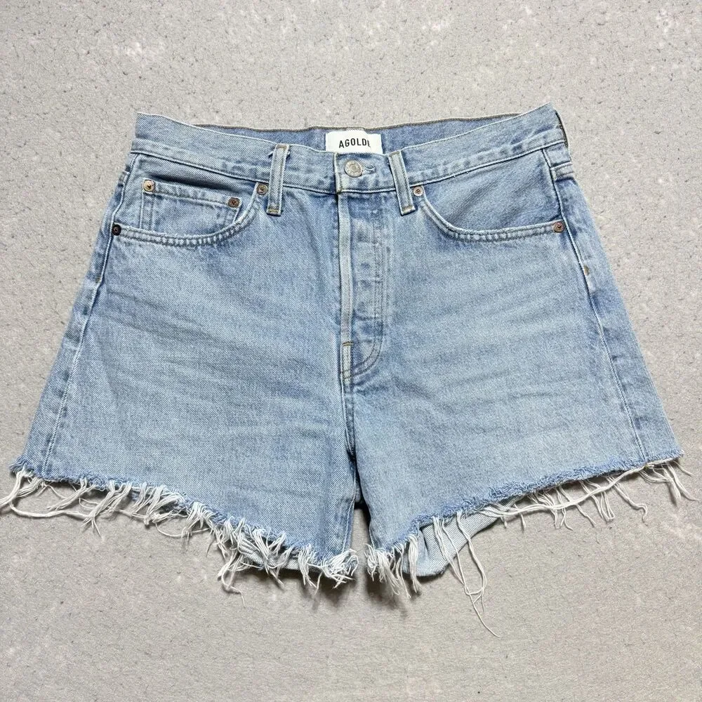 AGOLDE Parker Long High Rise Distressed Cut Off Denim Shorts Blue Women’s 27